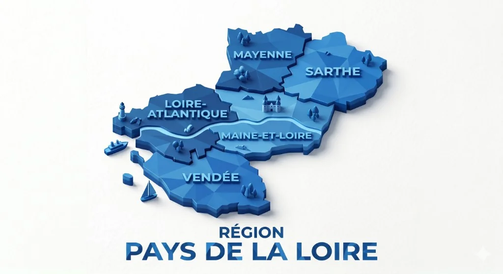 Carte 3D stylisée de la région Pays de la Loire avec ses cinq départements : Loire-Atlantique, Maine-et-Loire, Vendée, Mayenne et Sarthe.