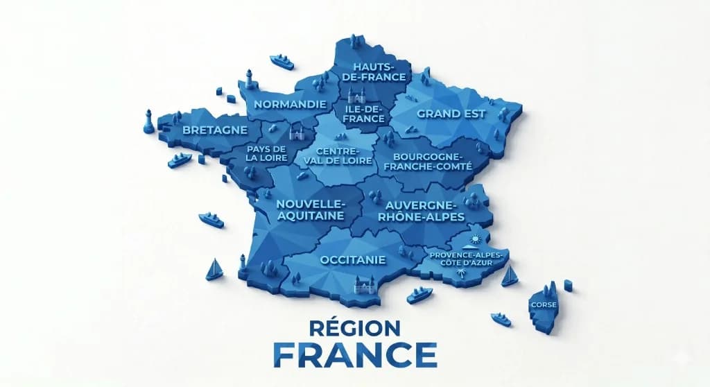 Carte 3D stylisée de la France métropolitaine et de ses treize régions, illustrant le rayonnement national de l'agence REALITIM.