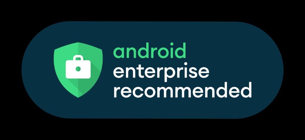 Badge Android Enterprise Recommended : bouclier vert Android, texte android enterprise recommended sur fond bleu nuit.