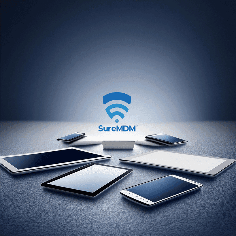 Logo SureMDM au centre sur fond bleu nuit, projecteur, smartphones et tablettes disposés autour illustrant la gestion de parc.
