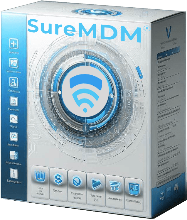 Boîtier logiciel 3D SureMDM avec graphisme circulaire et icône signal Wi-Fi, palette bleue premium.