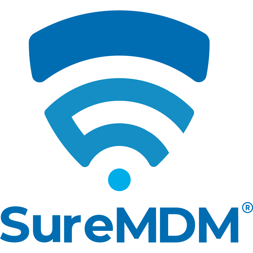 Logo SureMDM : pictogramme onde Wi-Fi bicolore bleu clair et bleu roi, wordmark SureMDM avec mention déposée.