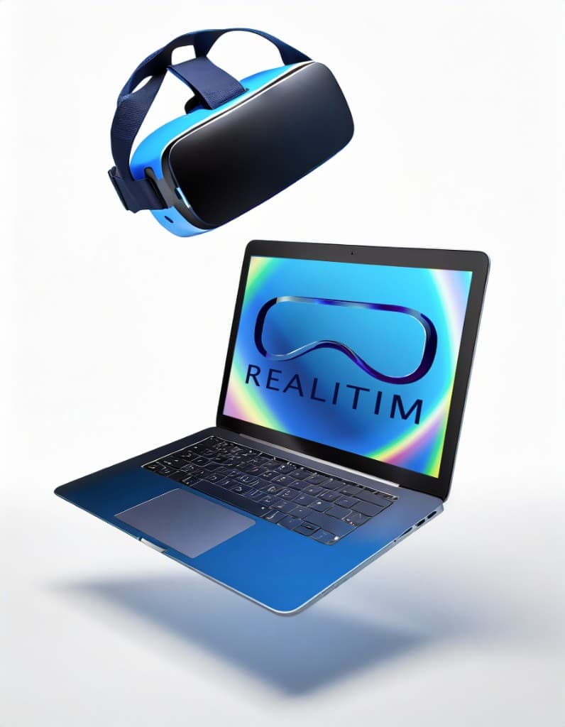Poste de R&D REALITIM avec casque VR et laptop logo REALITIM