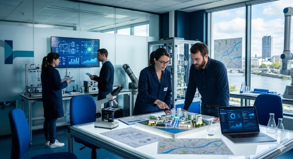Laboratoire d'innovation : maquette urbaine sur table lumineuse, équipements et visualisations données.
