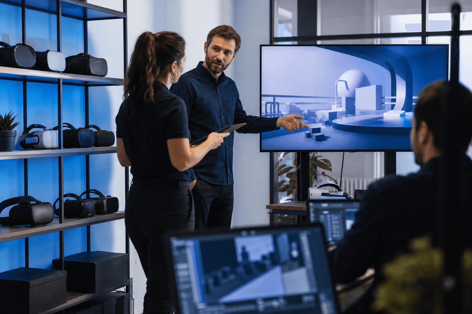 Studio moderne et équipements de réalité virtuelle, ambiance tech bleue