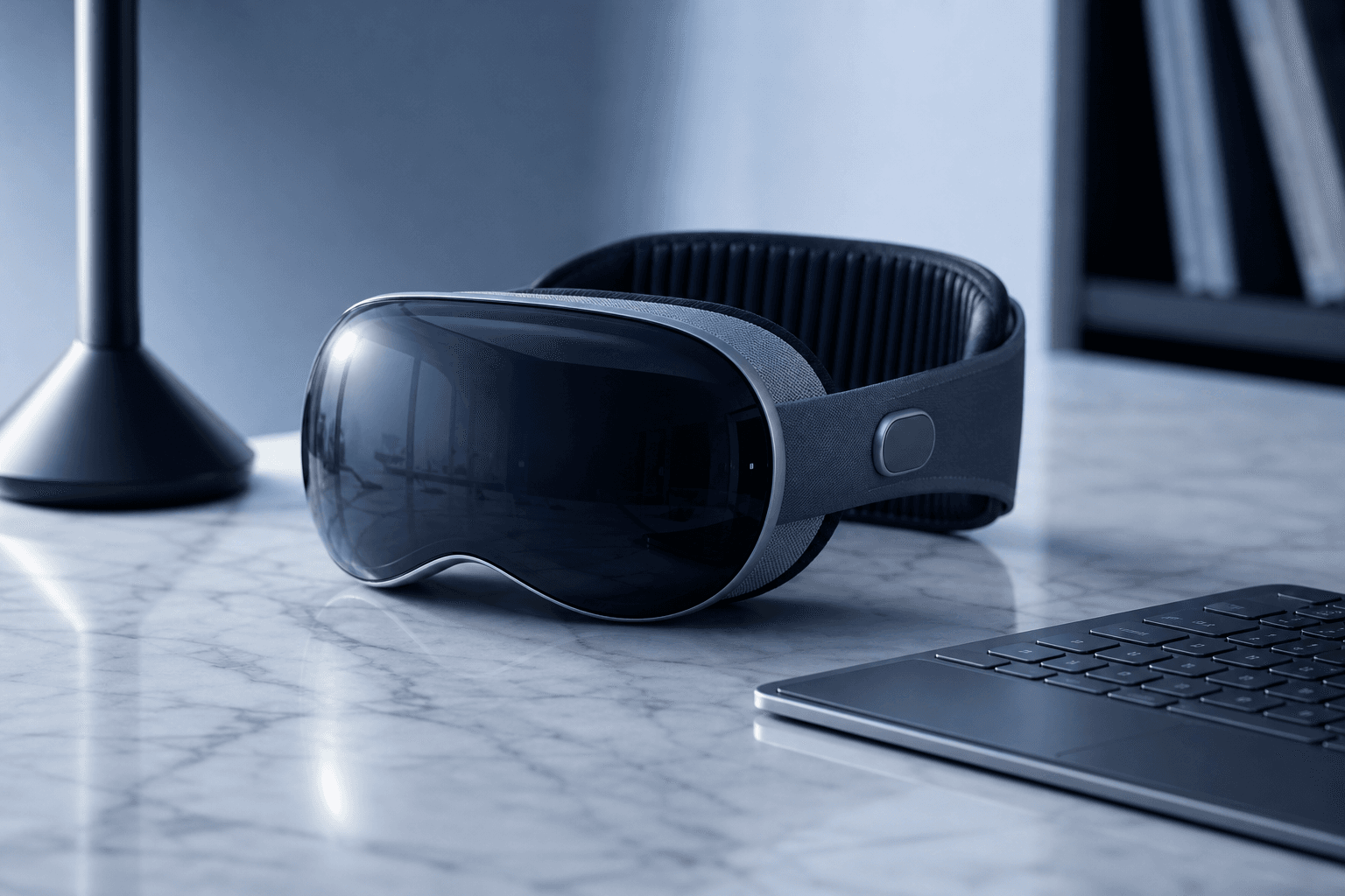 Casque spatial computing sur bureau minimaliste, tons bleus et acier