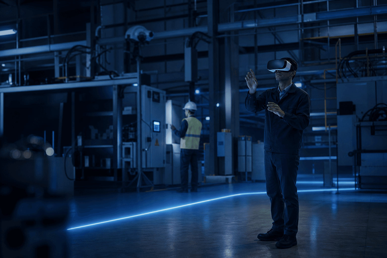 Formation en réalité virtuelle sur site industriel, éclairage bleu sécurité