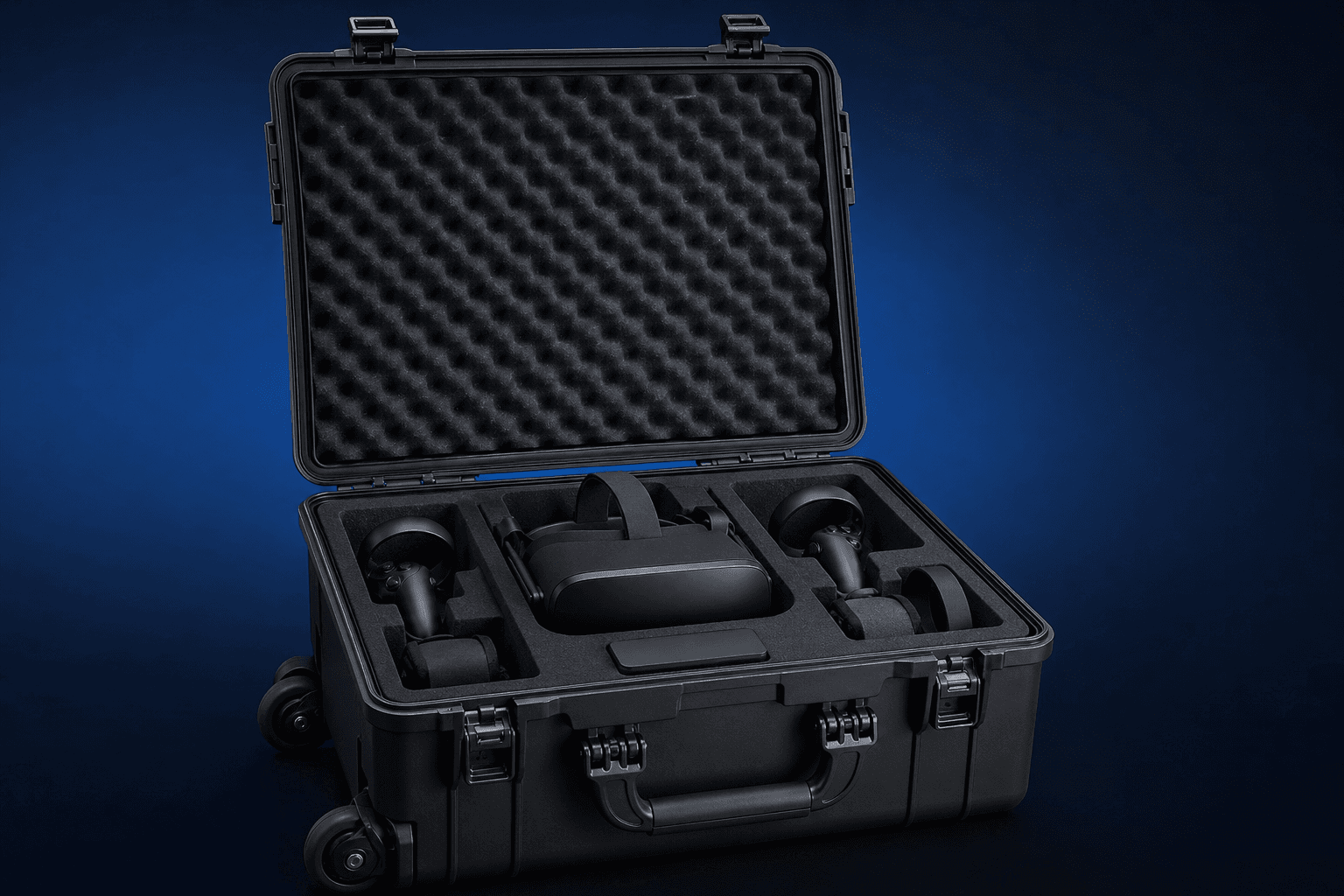 Mallette de transport ouverte avec kit casque VR, fond bleu marine studio