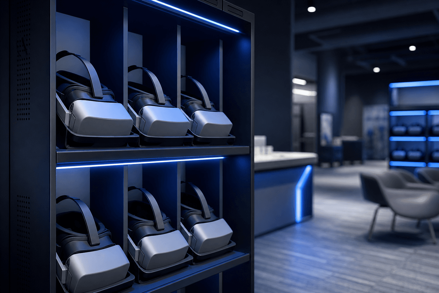 Casques VR en libre-service sur station de recharge, éclairage bleu entreprise