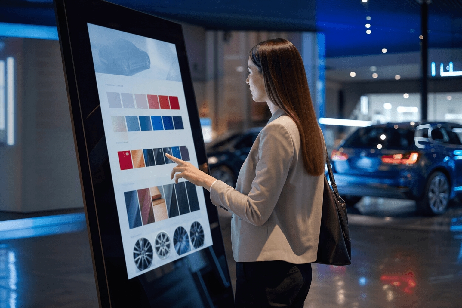 Borne tactile de personnalisation produit en showroom, ambiance bleue