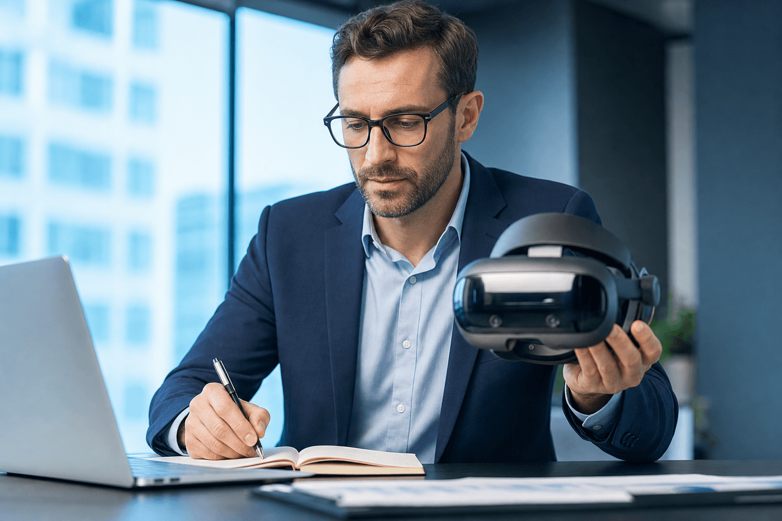 Conseiller avec casque spatial computing en contexte professionnel, lumière bleue