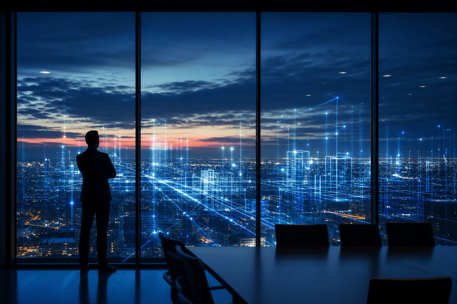 Vision urbaine et réseaux lumineux au crépuscule, symbolique financement innovation