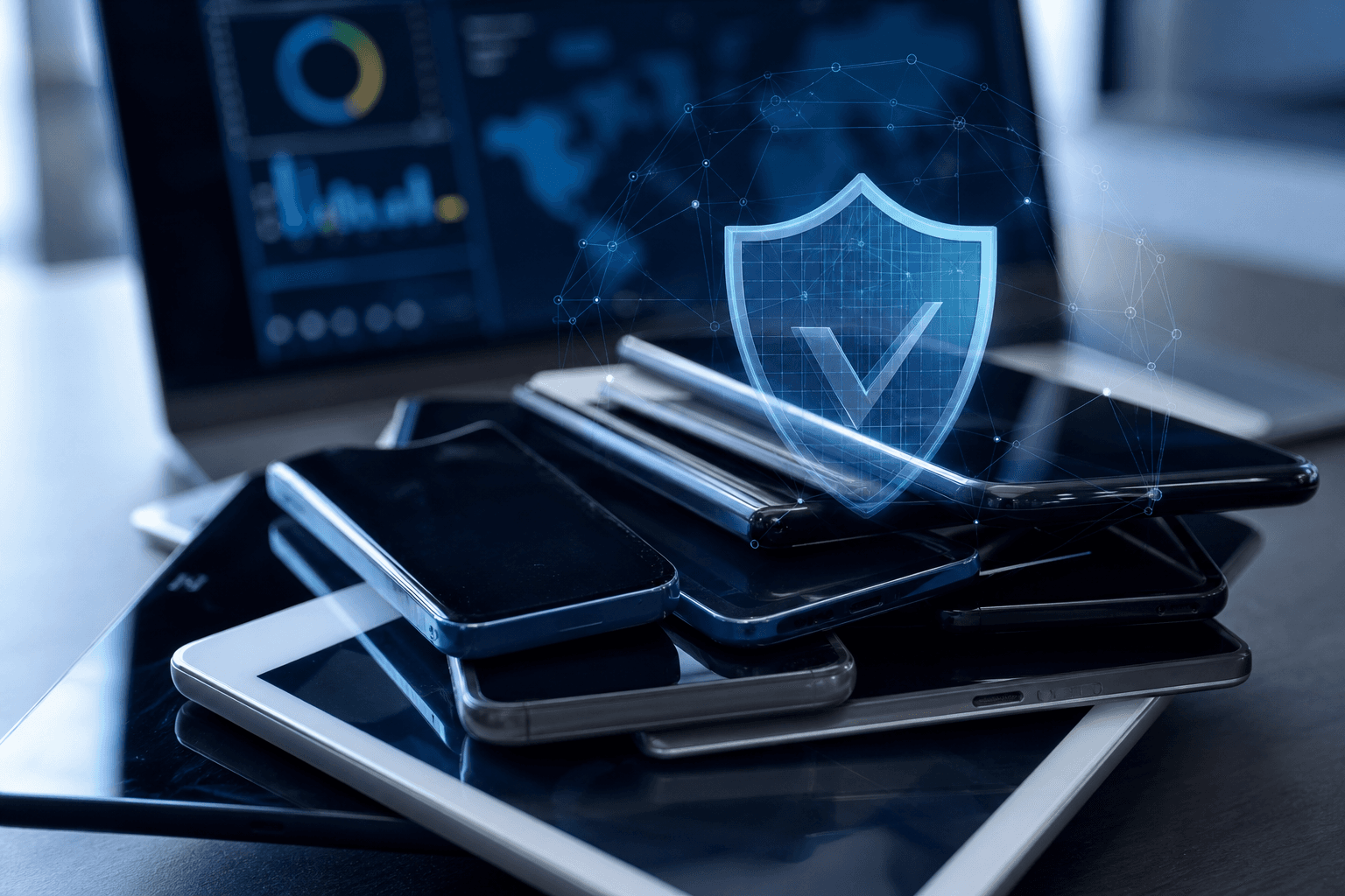 Appareils mobiles d'entreprise et sécurité de flotte, esthétique bleu IT