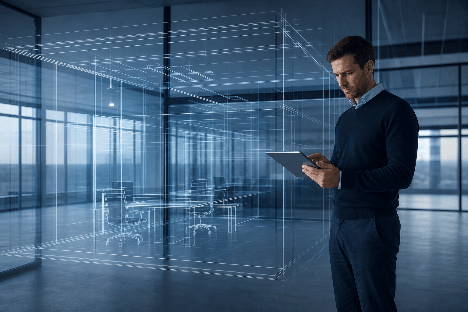 Architecte avec maquette 3D sur tablette et espace de bureaux, dominante bleue