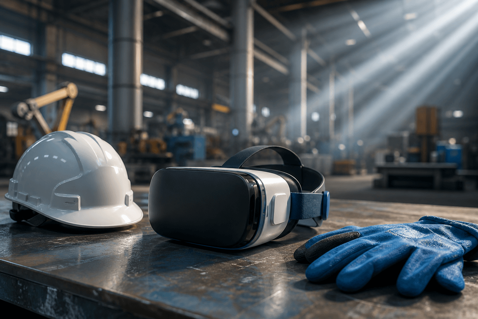 Équipements de prévention et casque VR en environnement industriel, tons bleus