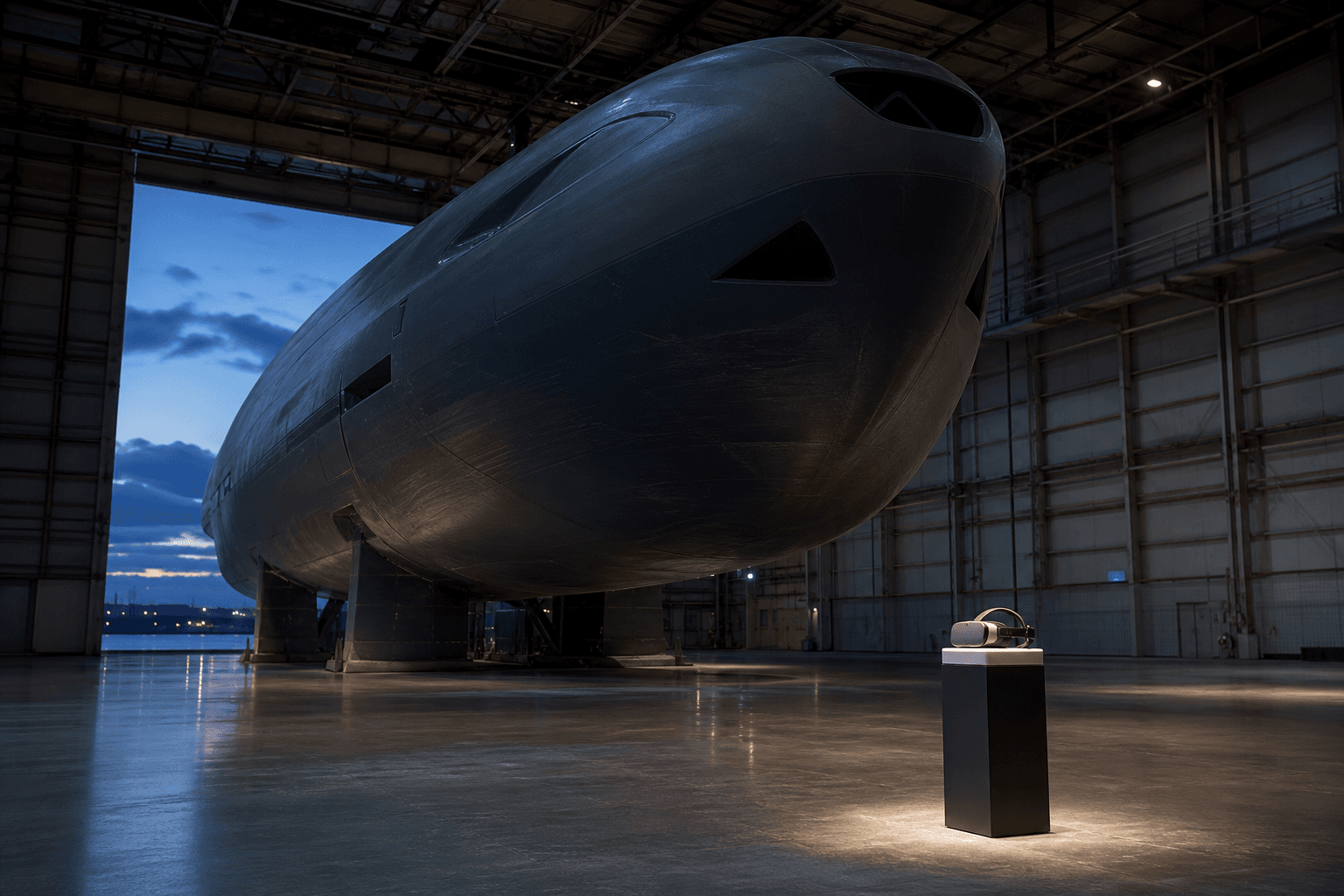 Hangar industriel avec démonstration VR à côté d'un très grand engin, ambiance bleue