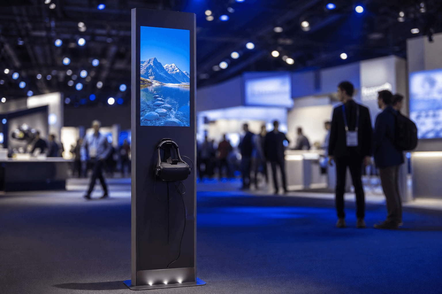 Totem VR sur salon professionnel, éclairage bleu et foule en arrière-plan