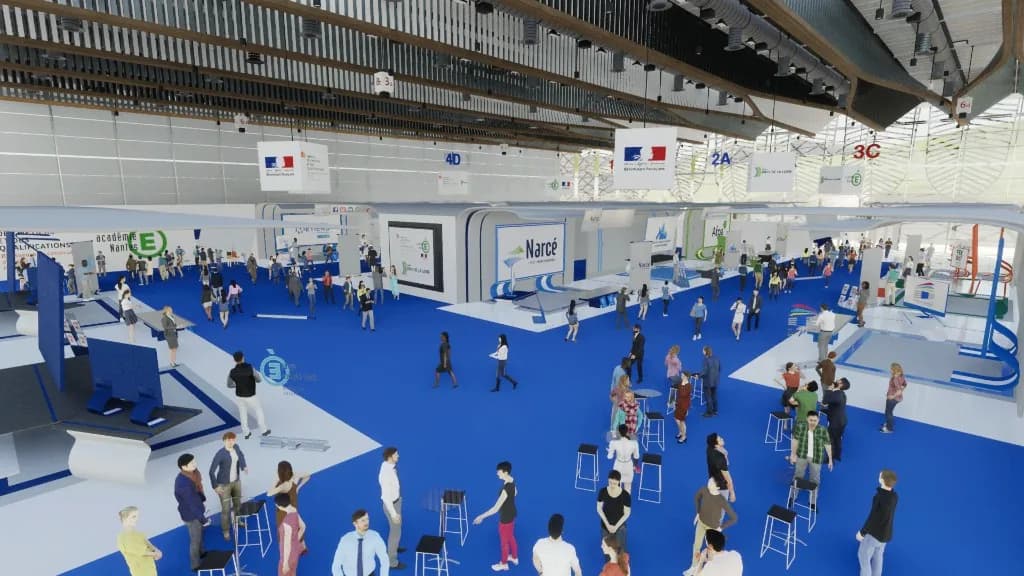 Vue du salon virtuel Ultiplace du Campus des Métiers, hall d'exposition 3D avec stands et visiteurs