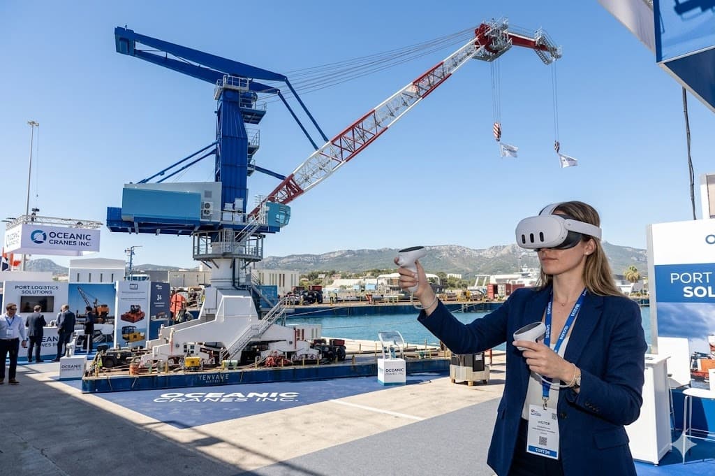 Visiteuse équipée d'un casque VR sur un stand professionnel en environnement industriel