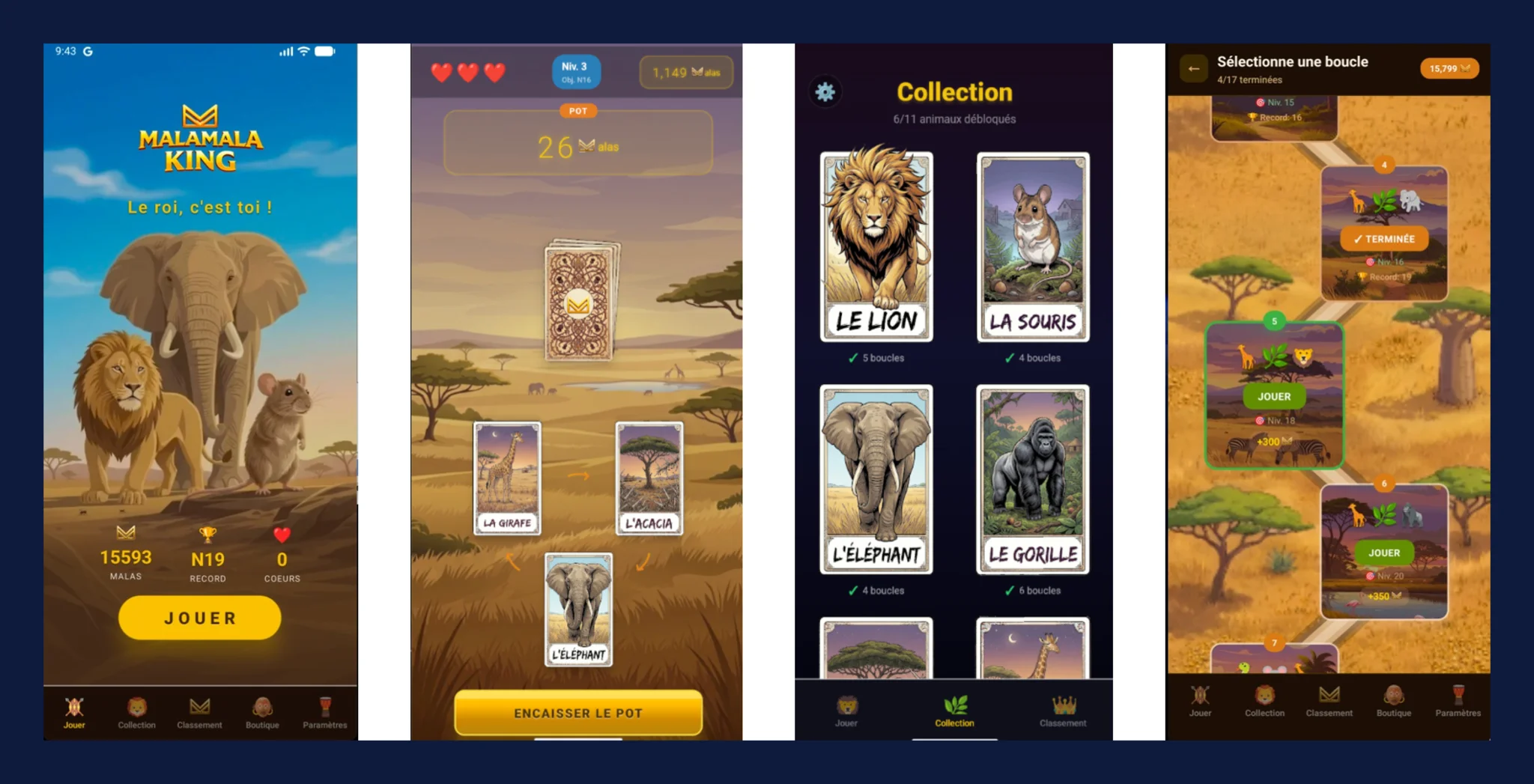 Mockups de l'application mobile Malamala King : écran d'accueil, partie en cours, collection des 11 animaux et carte des 17 boucles de domination.