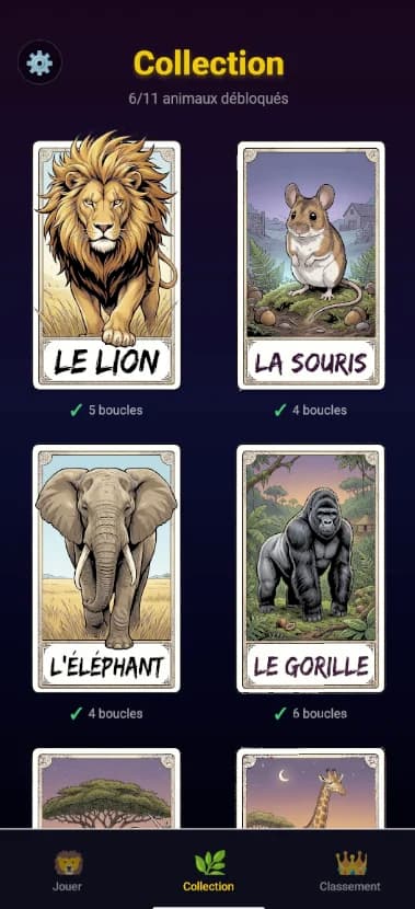 Écran de collection : grille des 11 animaux à débloquer dans Malamala King.