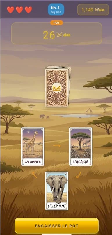 Partie en cours sur Malamala King : pioche, pot et cartes animaux à jouer.