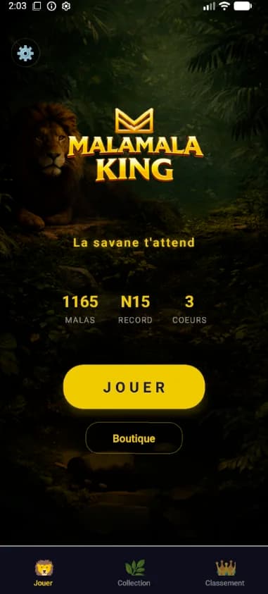 Écran d'accueil de l'application Malamala King avec le solde de Malas, le record et les vies.