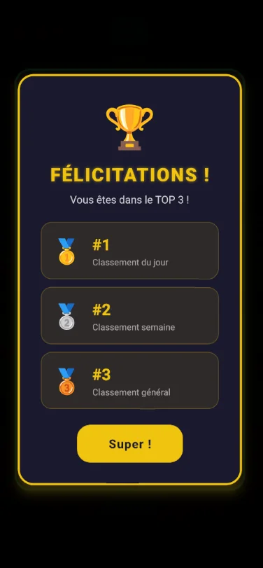 Écran de classement Top 3 (jour, semaine, général) sur Malamala King.