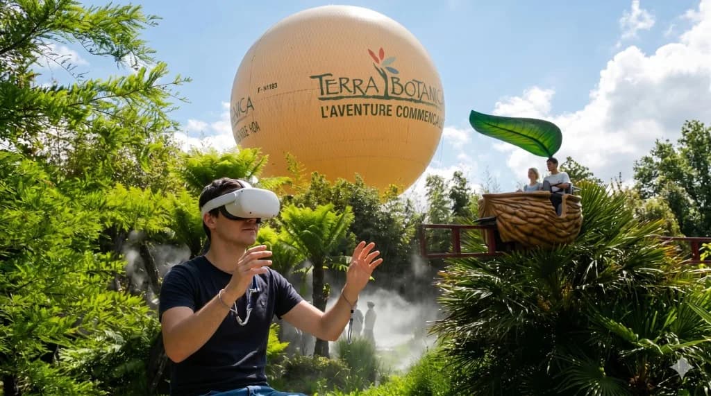 Visiteur portant un casque VR en libre-service à Terra Botanica, montgolfière du parc et nacelle en arrière-plan