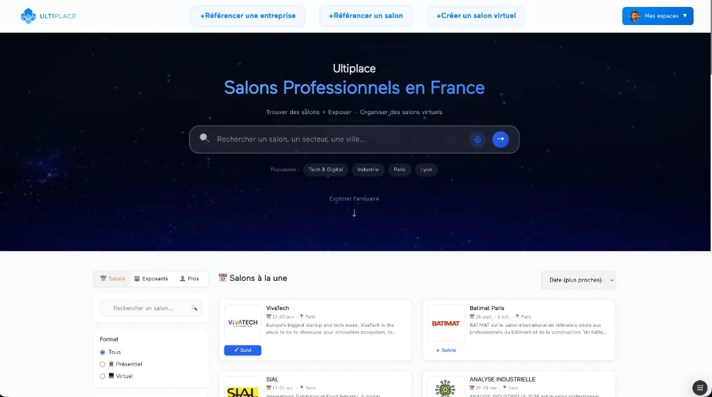Annuaire Ultiplace : page d'accueil avec recherche de salons professionnels en France et listing des salons à la une (VivaTech, Batimat, SIAL).