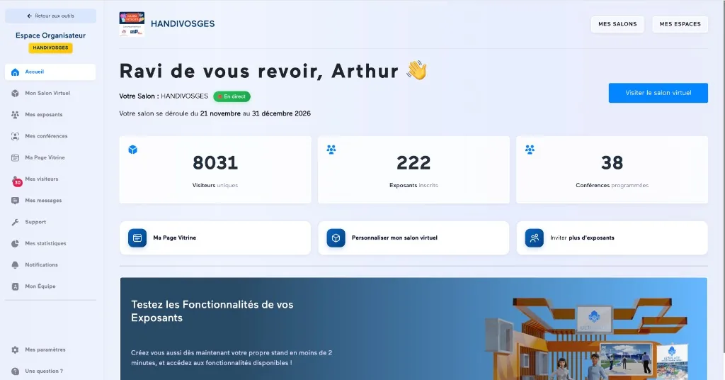 Espace Organisateur Ultiplace : tableau de bord avec compteurs de visiteurs uniques, exposants inscrits, conférences programmées et raccourcis pour personnaliser le salon virtuel.