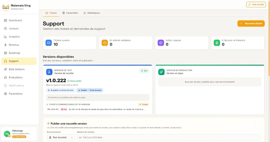 Aperçu du dashboard de supervision REALITIM — gestion des tickets, statistiques et publication des versions en temps réel