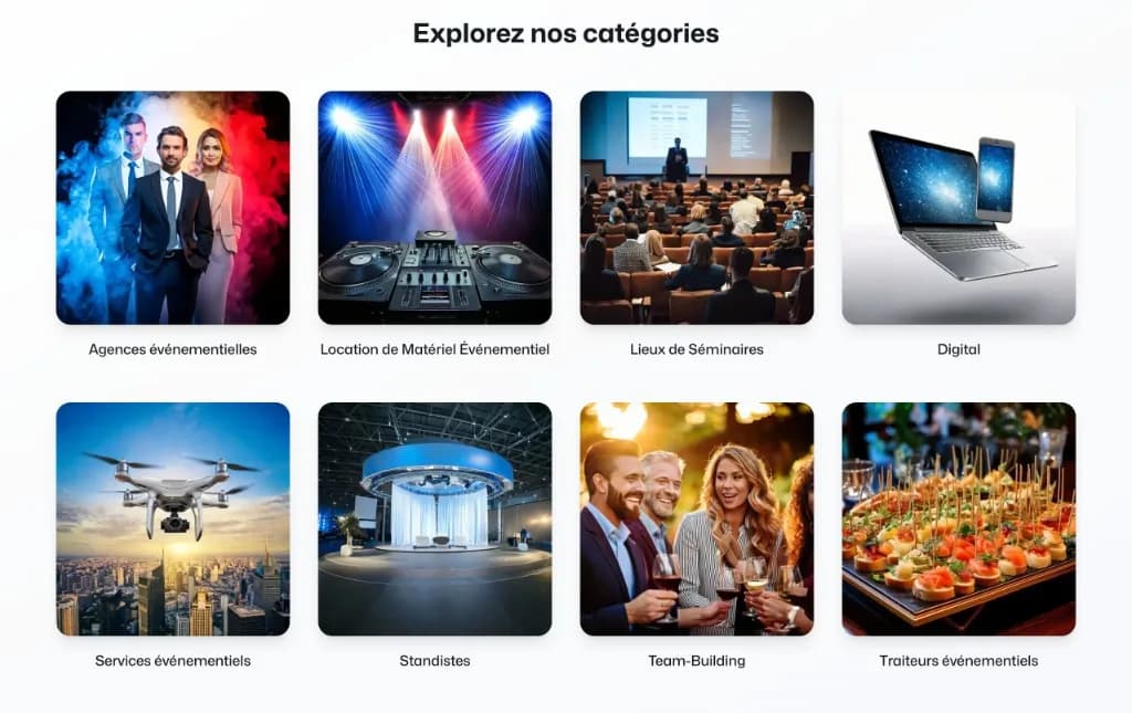 Bloc Explorez nos catégories : grille de huit vignettes carrées (agences, matériel, lieux, digital, services, standistes, team-building, traiteurs) avec libellés.