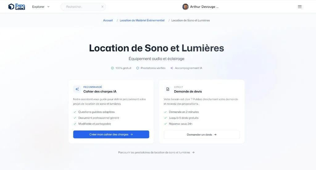 Page catégorie Location de Sono et Lumières : fil d'Ariane, titre de prestation, deux cartes Cahier des charges IA (recommandé) et Demande de devis directe avec boutons d'action.