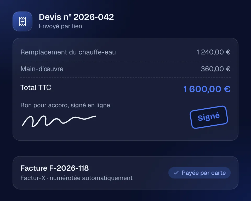 Module Devis et factures : devis de remplacement de chauffe-eau signé en ligne avec la mention Bon pour accord, puis facture Factur-X numérotée automatiquement et payée par carte.