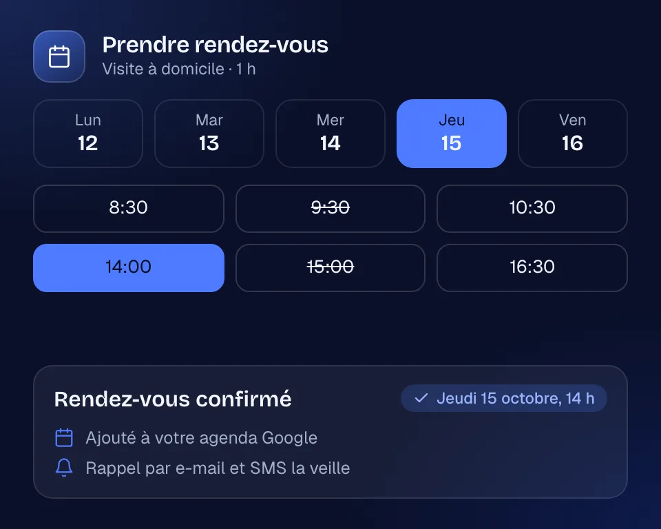 Module Prise de rendez-vous : choix d'un jour et d'un créneau horaire pour une visite à domicile, confirmation ajoutée à l'agenda Google et rappel par e-mail et SMS la veille.