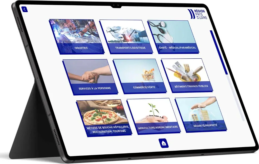 Tablette en mode paysage : grille de neuf secteurs professionnels (industrie, transport, santé, services à la personne, etc.) avec photo et bandeau titre, navigation type borne d'orientation.