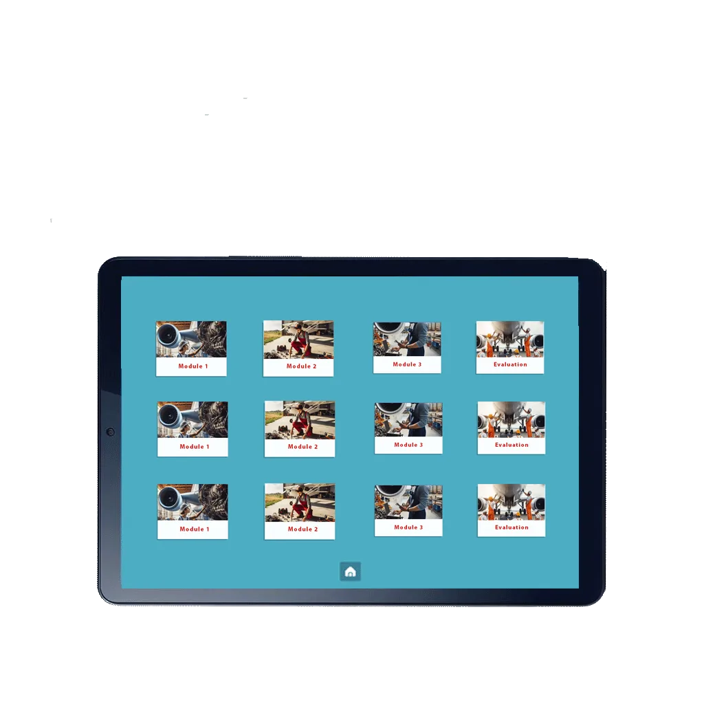 Tablette avec fond turquoise : grille de cartes module et évaluation avec visuels métiers, libellés Modules 1 à 3 et Évaluation, bouton accueil en bas d'écran.