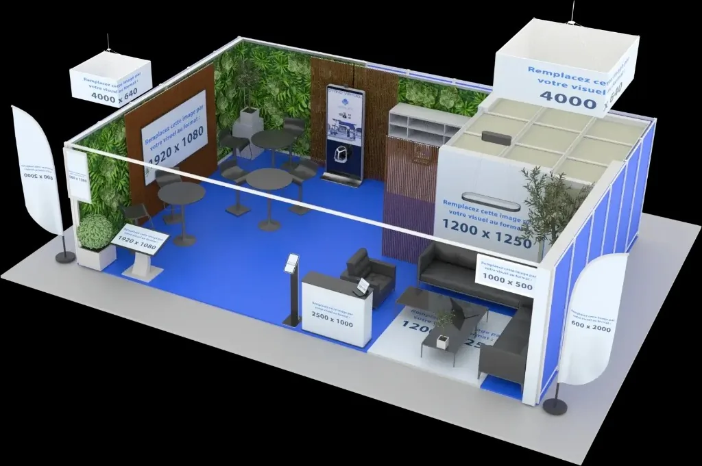 Stand événementiel complet : caissons suspendus, banderoles verticales, bureau d'accueil, salon fermé vitré et zone canapé avec arbre décoratif.