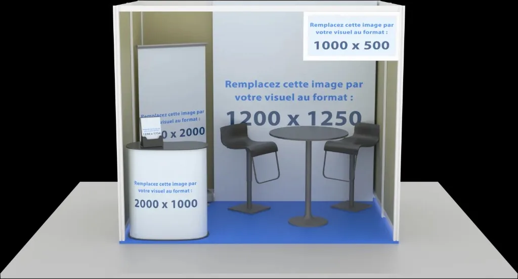 Stand startup compact sur podium gris : sol bleu, murs beige, banque d'accueil blanche, signalétique suspendue et logos « ici votre logo ».