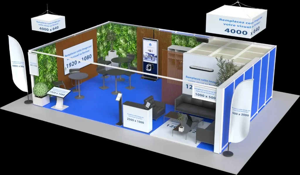 Stand 3D isométrique sur fond noir : mur végétal, tables hautes, accueil central, totem digital « stand virtuel », emplacements médias avec indications de formats.