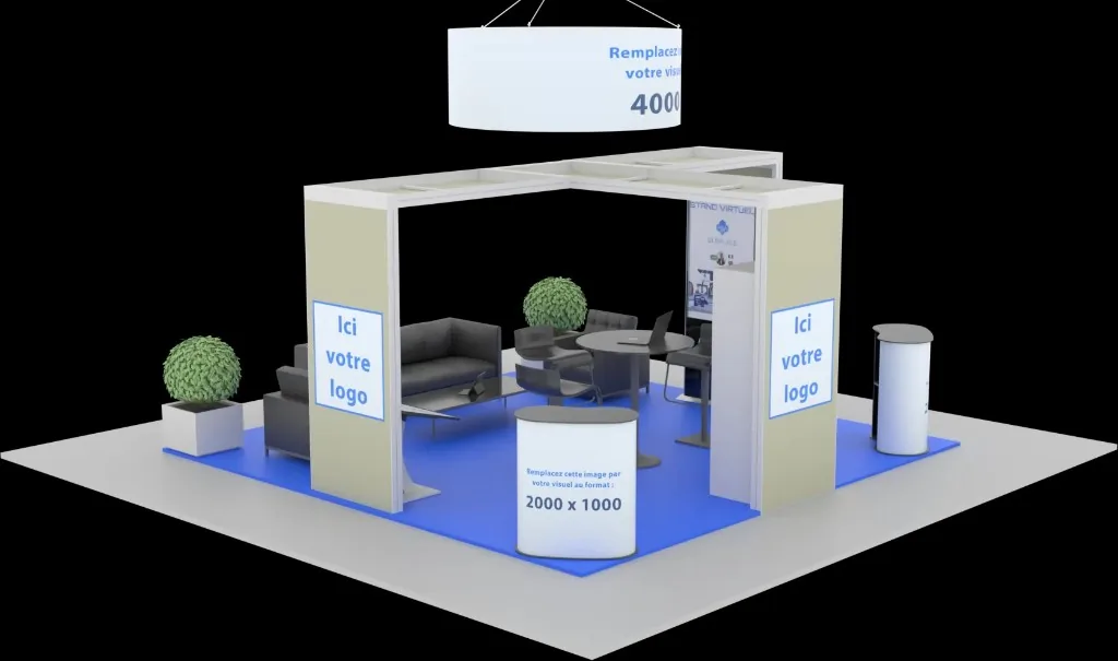 Stand exposition vue plongeante : sol bleu, structure blanche en L, comptoir courbe, roll-up, surfaces médias annotées en français avec formats pixels.