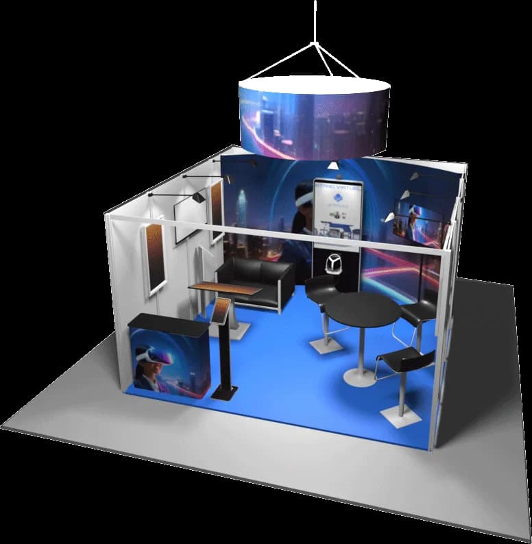 Vue isométrique d'un stand événementiel thème tech et VR : sol bleu, murs blancs, graphismes néon et écran vertical « stand virtuel », fond transparent.