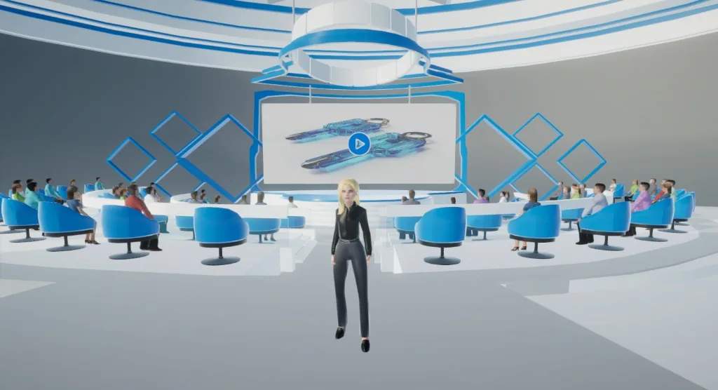 Salle de conférence virtuelle Ultiplace : avatar sur scène, écran central avec vidéo, gradins arrondis remplis d'avatars de visiteurs.