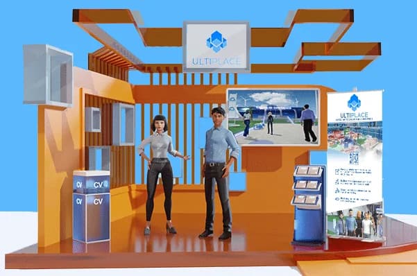 Stand virtuel premium Ultiplace : structure bois, écran de présentation, présentoir CV, kakémono et deux avatars hôtes.