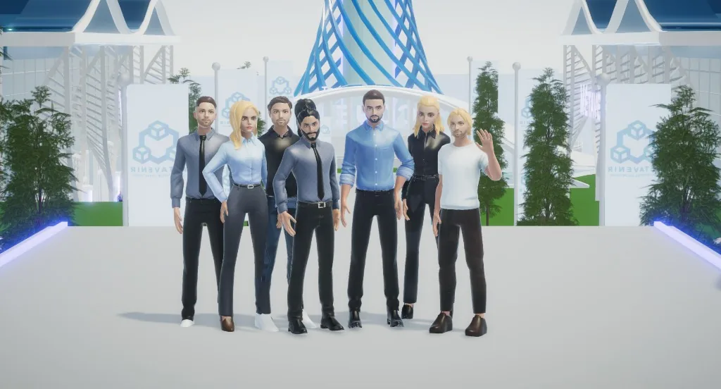 Sept avatars d'équipe Ultiplace alignés devant l'entrée d'un événement, tenues professionnelles variées (chemises, robes, costumes).