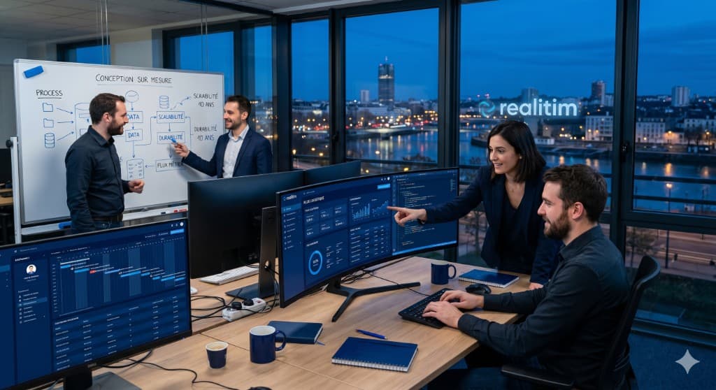Équipe en atelier de conception : tableau blanc processus métier, supervision de données et logo REALITIM.