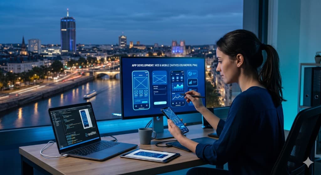 Développeuse devant un poste multi-écrans : maquettes web et mobile, code et prévisualisation application.