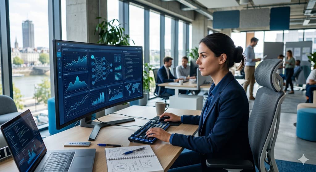 Analyste devant des tableaux de bord et visualisations data / IA sur écran incurvé et laptop.