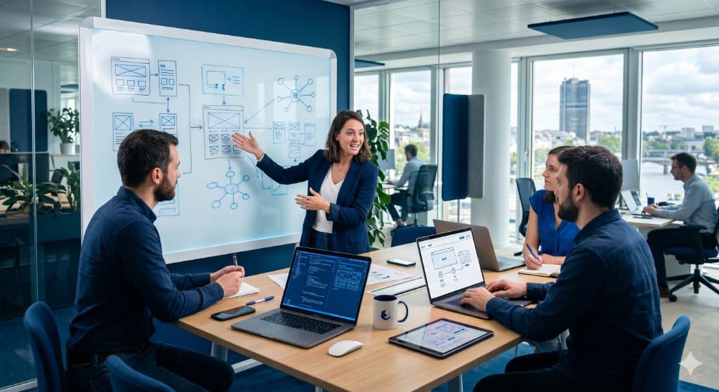 Atelier produit : présentation wireframes et architecture sur tableau blanc, équipe autour de la table.